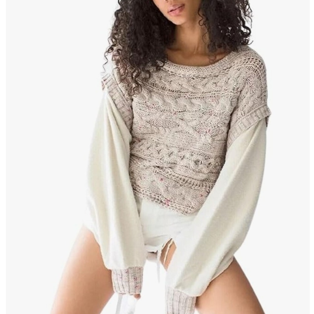 Free People Honey Cable Knit Pullover Sweater Long Sleeve V Neck Gray L